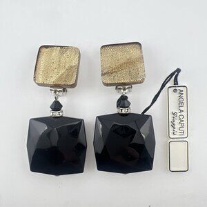Angela Caputi Earrings CLIP ON Dangle Resin Modern Black Gold Art Gallery NWT